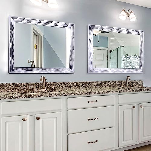 Chende Large Wall Mirror For Living Room Decor With Wave Frame, 36"X24" Wood Silver Mirror For Wall, Rectangle Bathroom Mirrors Horizontal Vertical Hanging #TOP5