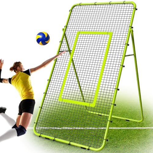Volleyball Rebounder Net 7x4 FT, 5-Angle Adjustable Volleyball Bounce Back Net with Tension-Adjustable 24 Elastic Cords, Portable Volleyball Training Equipment for Spiking Setting Passing (Green)