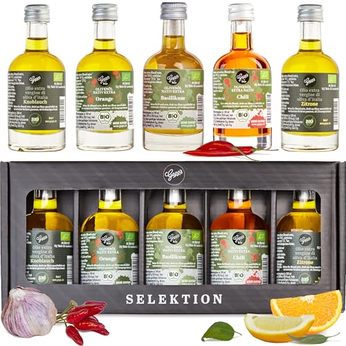 Gepp‘s Feinkost Öl Geschenkbox „Öl-Clutch“ I Gewürzöl Set mit 5 erlesenen BIO-Ölen in schöner Verpackung I Olivenöl Basilikum, Chili, Knoblauch, Orange & Zitrone I Geschenkidee zum Geburtstag (5x50ml)
