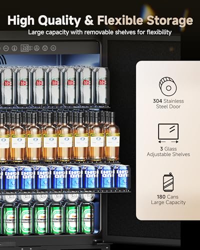 24 Inch Beverage Refrigerator, 180 Can Under Counter Fridge, Stainless Steel Beer Fridge for Built-in & Freestanding, Outdoor Refrigerator for Soda, Beer, Wine (Black) on Fridge.com
