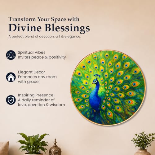 Image of PAINTINGMANTRA Peacock Round Wall Art Painting With Frame For Living Room| Vastu-Inspired Wall Art Framed Painting | Round Artistic Wall Hanging for Home, Bedroom, Office & Gifting, 23 Inch
