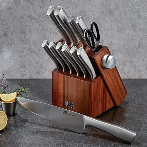 Kitchen Knife Set, 13 Pieces Stainless Steel Knife Sets for Kitchen with Block, Acacia Wood Knife Block Set with Sharpener, Gift Box Packed, Silver. - Image 7
