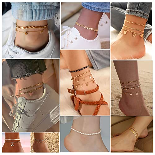 Fandy 21 Pcs Gold Chain Anklet For Women Teen Girls, Adjustable Boho Beaded Cuban Link Anklets, Cute Evil Eye Beach Ankle Bracelets For Gift #TOP4