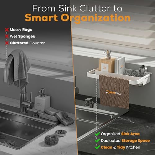 Image of Kitchen Sink Organiser Rack, ABS Material, Wall Mounted Storage Shelf with Towel Hanging Rack, Multiple Use for Bathroom Kitchen Sink, Cleaning Supplies Organizer [ND-13314]