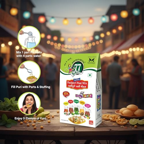 Image of 77 Green Pani Puri Masala 5 Flavours Pack - Hajma Hajam, Chat, Pudina, Hing & Garlic Spice Mixes | Instant Chaat Seasoning for Golgappa Water | No Added Colors or Preservatives | Indian Street Snack Pack of 4