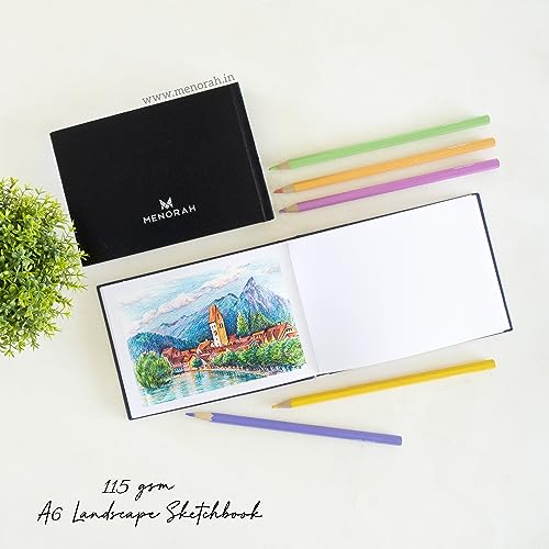 Image of MENORAH Paper Artist Sketch Book - A6-115 Gsm (160 Pages / 80 Sheets) Drawing Notebook - Hard Bound Book - (10.5 Cm X 14.8 Cm) - Completely Handmade - Landscape-Black, Watercolor