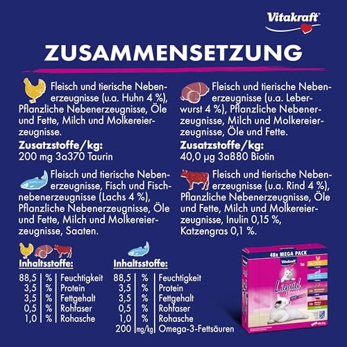 Vitakraft Liquid Snack für Katzen, Katzen Leckerlis im Mega Pack (48x15g), cremige Textur, mit Rind, mit Huhn, mit Lachs, 1 Vorratspackung