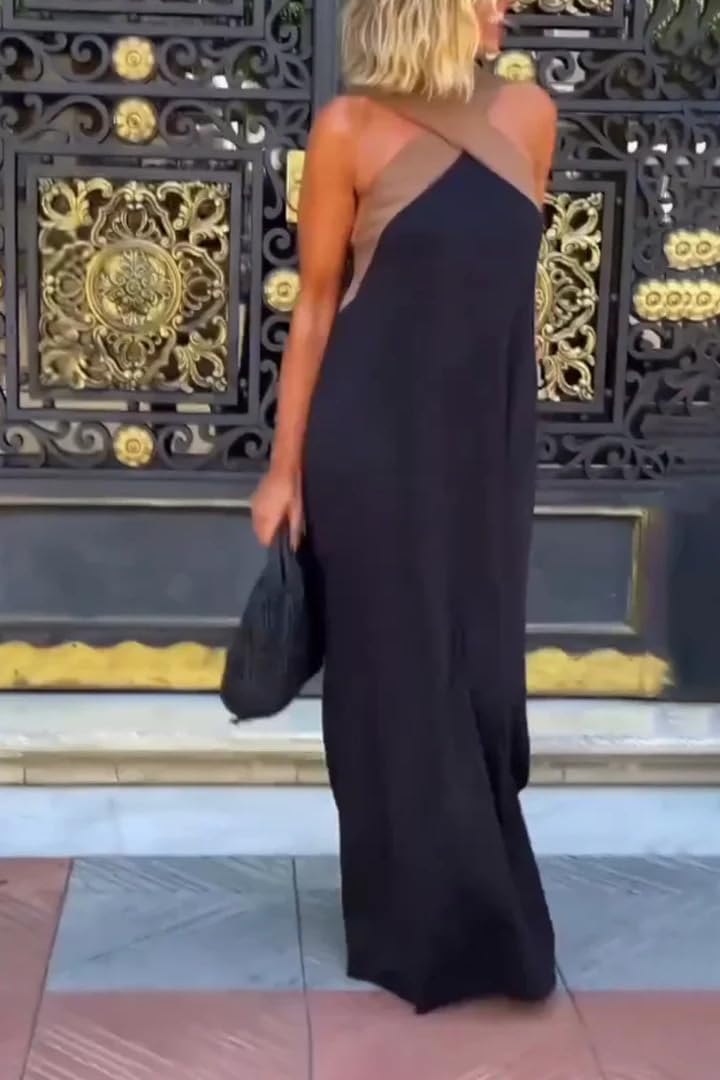 Generico Maxi Abito da Donna in Lino e Cotone con Scollo all'Americana a Contrasto; Abito Lungo in Lino e Cotone, Modello Boho Ampio e Fluido, Senza Maniche, con Incrocio sulla