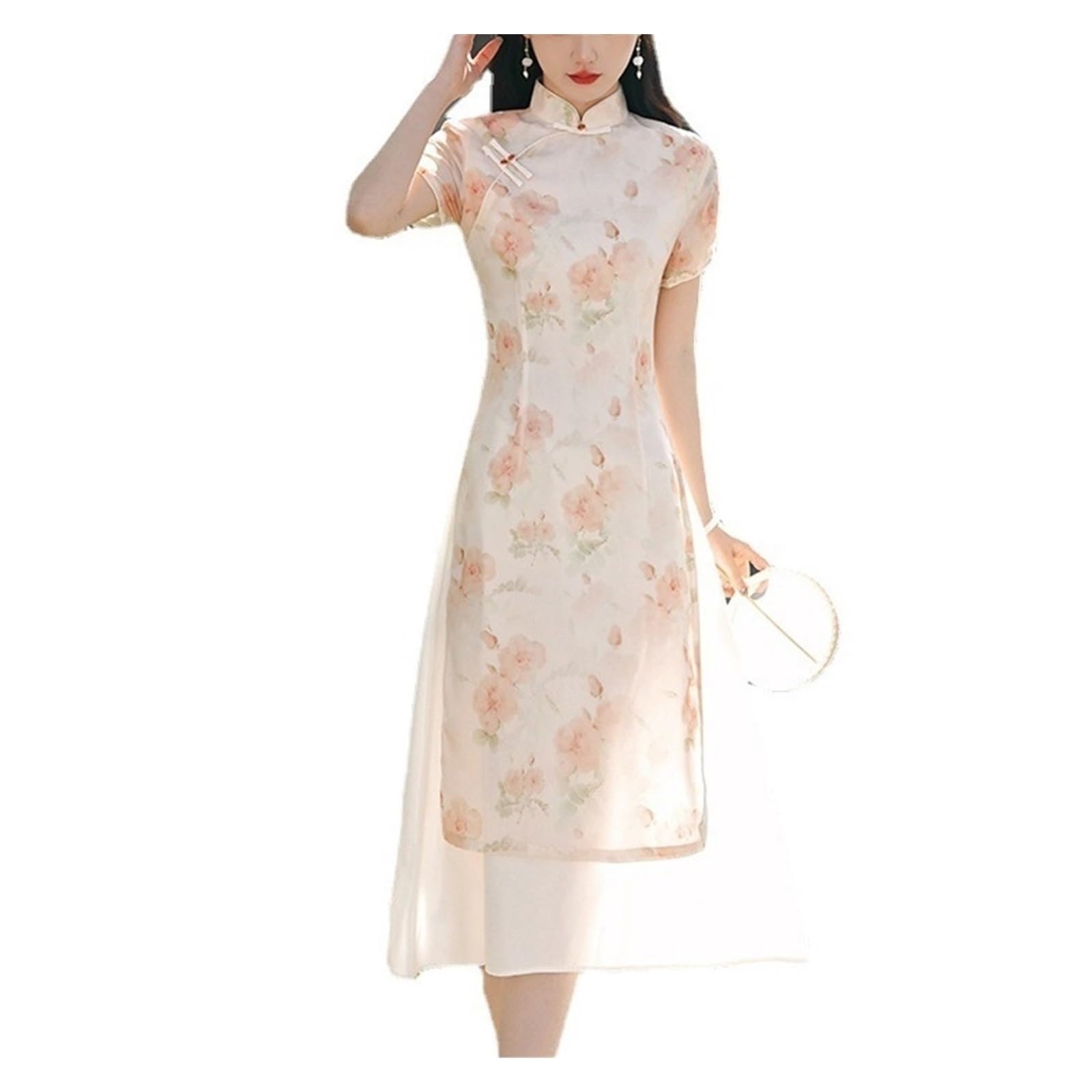 Ylwx Women's Red Improved Ao Dai Cheongsam Vietnamese Dress 2023, Casual Floral Qipao Dress For Elegant Chinese Qi Pao Tea Dress (Color : Size : S)