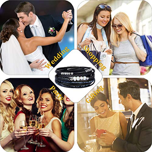 Azora Leather Wrap Bracelet Crystal Pearls Charm Straps Layered Cuff Bracelets For Women Girls Gift - Black #TOP6