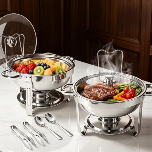Chafing Dishes for Buffet, 2 Pack 5QT Stainless Steel Round Buffet Servers and W...