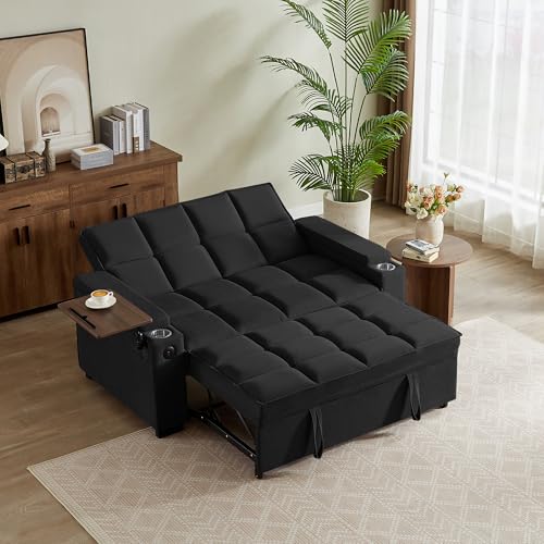 Image of KCGKCG 65 inch Pull-Out Sleeper Sofa Bed, Adjustable Backrest, Black