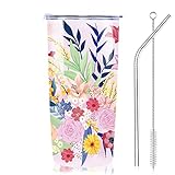 NymphFable 20oz Blume Rosa Thermobecher Kaffeebecher to-go Becher mit Deckel Und Strohhalm Doppelwand Edelstahl