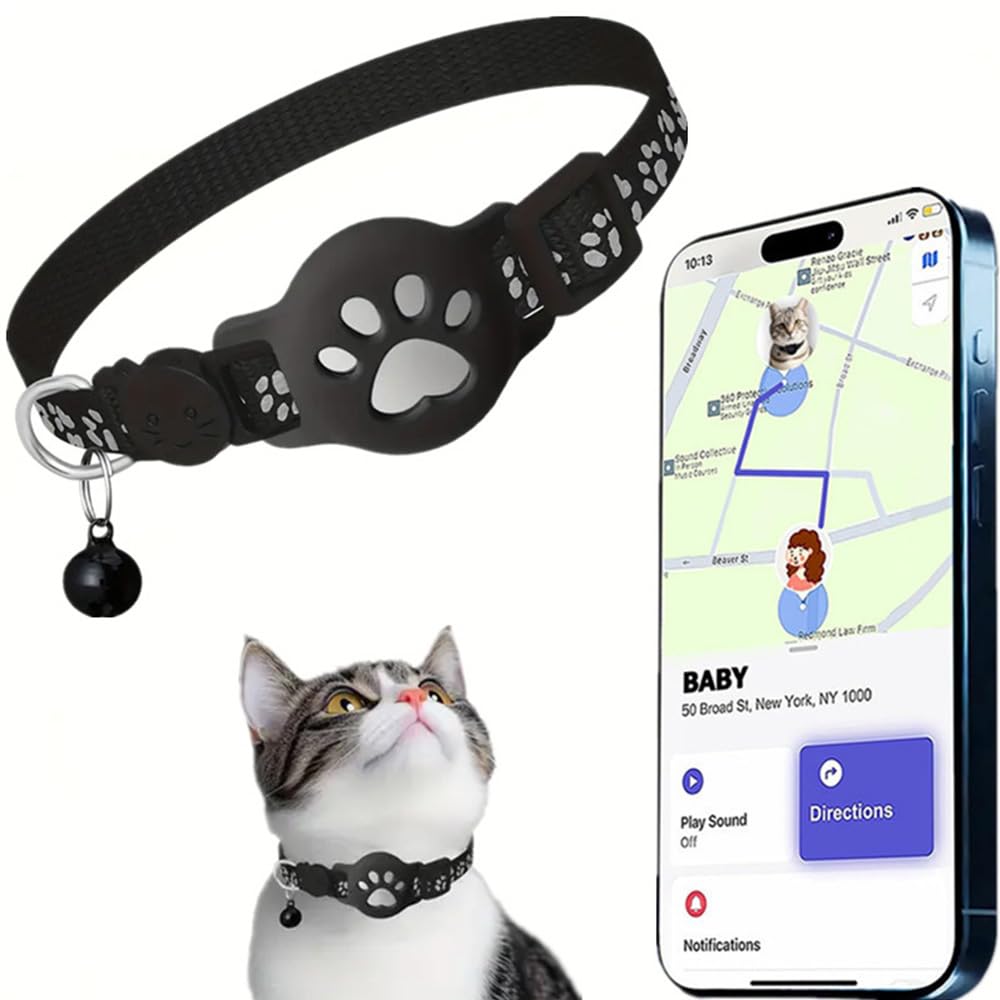 Cat Tracker Collar for Small Cats - Real Time Cat GPS Tracker No Monthly Fee, Pet Tracker for Cats Works with Apple Find My (Only iOS), No SIM Required (Collar + white tracker)