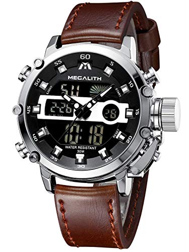 MEGALITH Montre Homme Militaire Digitale Montres Sport Etanche LED Grand Cadran Montre Bracelet Cuir Digital et Analogique Multifonction Chronometre Alarme Calendrier - Marron Argent