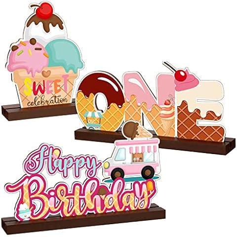 3 Sets Ice Cream One Letter Sign Wooden Table Centerpieces Ice Cream Party Decorations Ice Cream Cart Wood Centerpieces for Tables Fist Sweet One Birthday Party Decorations Baby Shower Party Supplies Cover
