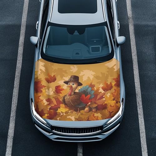 Image of 59x39 Inch Hood Cover for Compact Sedan SUV Trucks Stretchable Car Hood Wrap Blankets Auto Banner Waterproof Auto Exterior Accessories (Thanksgiving Maple Leaf Turkey Print)