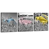 DekHome 3 Piece Colorful Vintage Car Picture Black and White Artwork Rustic Country Style Canvas...