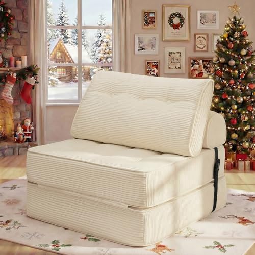 HOMMPA Faltbares Schlafsofa umwandelbarer 3-in-1 Sofa Bett Schlafsessel mit Kissen Sitzsack-Sofa Stuhl Komfortable Schlafcouch Bodensofa-Lounge für Schlafzimmer Wohnzimmer Beige 80CM