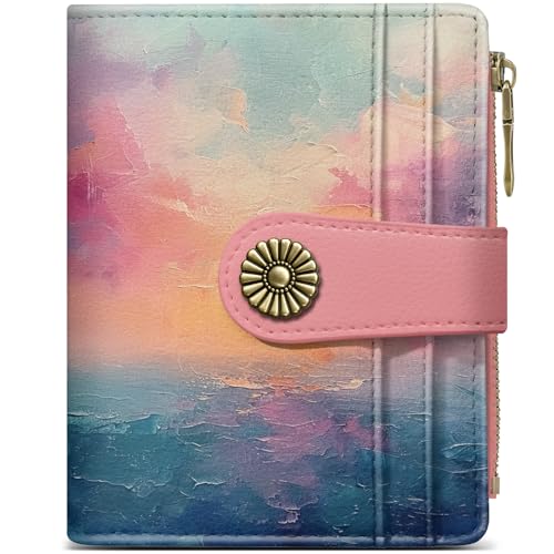 Image of Small Wallet for Women, RFID Blocking Bifold Card Holder Wallet with 10 Card Slots, Cash Compartment, Zipper Coin Pocket & ID Window, Cute Soft Vegan Leather Compact Wallet, Sunset