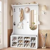 Hzuaneri Garderobenständer mit Schuhbank, Garderobe mit Spiegel, Schuhaufbewahrung, 10 Haken, Verstellbare Regalböden, Freistehend, für Eingangsbereich, Flur, 35,5 x 100 x 185 cm, Weiß HT23503X