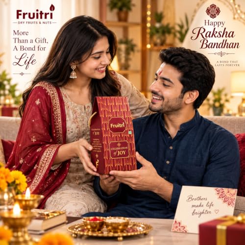 Image of Fruitri Rakhi Gift Hamper for Brother with Dry Fruits 150g, Chocolate Almonds, Cranberries & Trail Mix 50g Each, Rakhi, Roli Chawal & Gift Box | Raksha Bandhan Gift for Brother, Festive Gift Hamper
