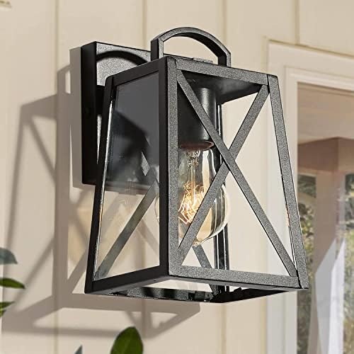 Black Outdoor Wall Sconce Lights, Farmhouse Trapezoid Anti-Rust Waterproof Outdoor Porch Lights Wall Mount Exterior Light Fixture with Clear Glass for Patio, Froot Door, Garage