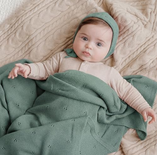 Image of 100% Luxury Organic Cotton Pointelle Knit Baby Blanket-Baby Gifts for Boys, Gender Reveal Gifts, Baby Gift Basket (Pointelle - Forest Green)