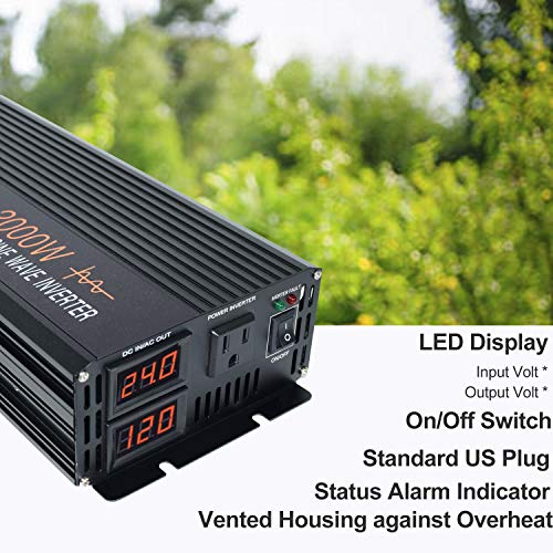 aeliussine Power Inverter 2000W Pure Sine Wave 24v dc to ac 120v Surge 4000 Watt Converter with LED Display for Car RV Boat Solar Power System.