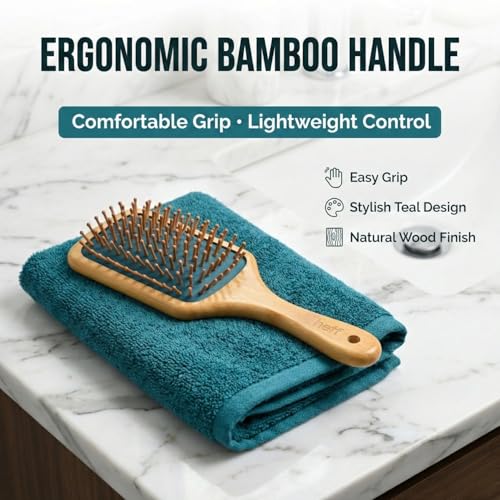 Image of Heff Bamboo Hair Brush, Teal, Wooden Bristles Paddle Brush, 9.5 Inches x 3.3 Inches