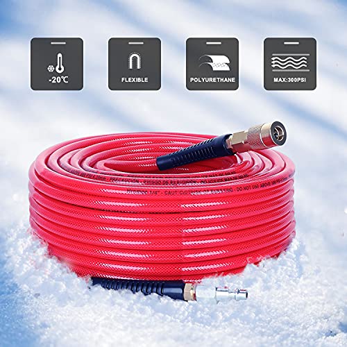 Hromee 1/4-Inch X 100 Feet Polyurethane Air Hose With Bend Restrictors Pu Compressor Hose With 1/4" Industrial Quick Coupler And Plug Kit, Red #TOP5