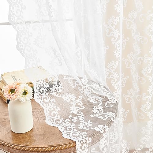 FOLKSIDE Lot de 2 Rideaux Blancs Transparents en Dentelle, Motif Cachemire Floral Victorien, pour Salon, Chambre, avec Passe-Tringle, Filtre la lumière, Style...
