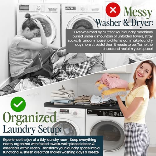 Image of Washer and Dryer Countertop with Non-Slip Mat - 54 inch Width x 27.5 inch Depth (Black) - Wood Shelf Topper with Edge Rails for Laundry Room Organization, Extra Laundry Folding Counterspace
