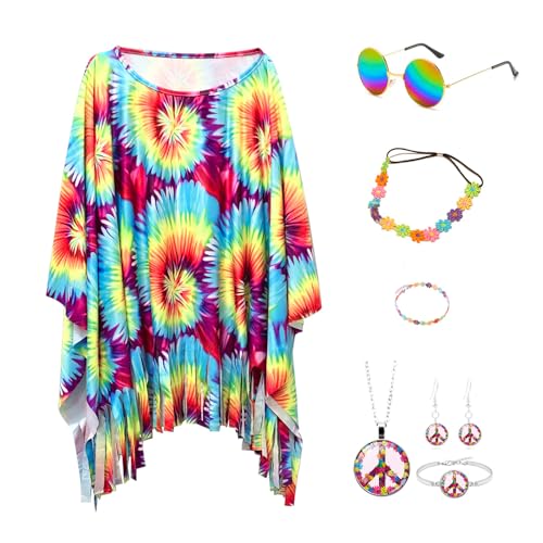 PASLFC Hippie Kostüm Damen Set,7 Stück Damen Poncho Set,60 er 70er Jahre Hippie Kleidung,Hippie Kostüm Set,Faschingskostüm mit Poncho Halskette Ohrringe Sonnenbrillen,für Karneval Disco Party Cosplay