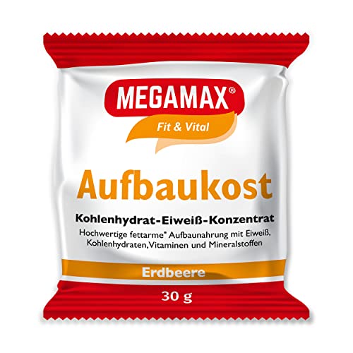 MEGAMAX Aufbaukost Erdbeere 30 g- Ideal zur Kräftigung und bei Untergewicht. Proteinpulver zur Zubereitung eines fettarmen Kohlenhydrat-Eiweiß-Getränkes für Muskelmasse u. Muskelaufbau