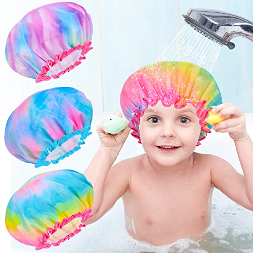 Shower Cap for Kids, 3 Pcs Kids Shower Caps for Girls, Cute Rainbow Hair Cap Wide Elastic Band, Plastic Reusable Waterproof Toddler Shower Cap, Large Bath Cap for Kids Girls Women (Tie Dye)