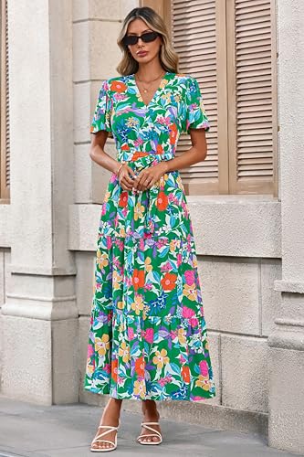 Image of MASCOMODA Women Boho Swiss Dot Maxi Dresses Wrap V Neck Flutter Short Sleeve Solid Tie Waist A Line Tiered Flowy Long Dresses