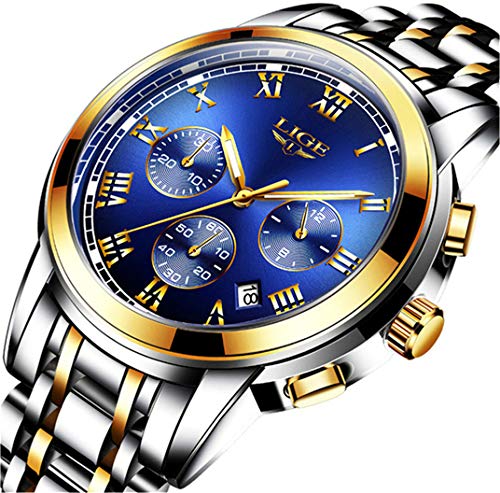 Mens Watches Fashion Stainless Steel Analog Quartz Watch Men Sports Waterproof Watches Chronograph Luxury Brand LIGE Casual Wrist Watch Gold Blue Date Clock