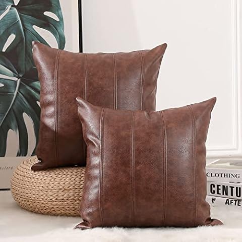 Yaertun Set of 2 Faux Leather Stripe Decorative Throw Pillow Covers Modern Solid Outdoor Cushion Cases Luxury Pillowcases for Couch Sofa Bed 26x26 Inches Dark Brown Cover
