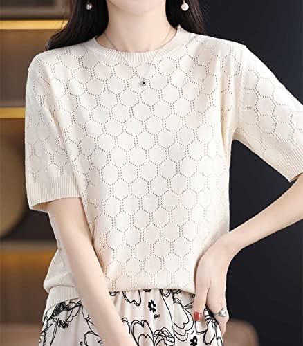 Summer Hollow Out T-Shirt Women's Short Sleeve Sweater Cotton Knitted O-Neck Lightweight Pointelle Breathable Tops3