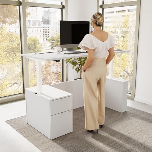 Image of Bush Business Furniture 72-inch Electric Height Adjustable Standing Desk with File Cabinet, Ergonomic Sit-Stand Computer Table for Office, Stratus Collection, White with White Base