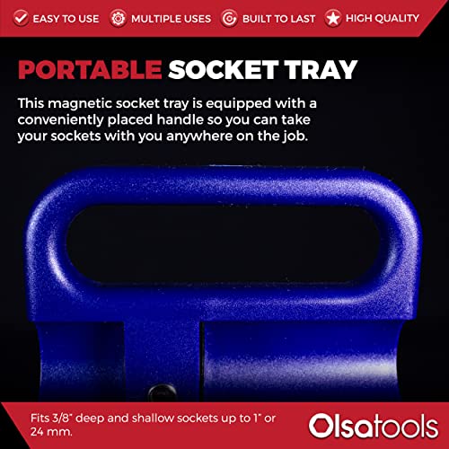 Olsa Tools Portable Magnetic Socket Organizer Tray | 3/8-Inch Drive | Blue | Fits Deep & Shallow Sockets | Holds Sockets Up To 1” Sae / 24Mm Metric | Professional Grade #TOP1