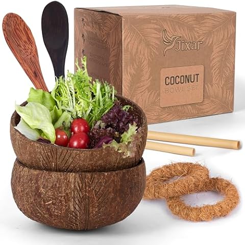 Jixar Coconut Bowl Set with Spoons and Straws Cover