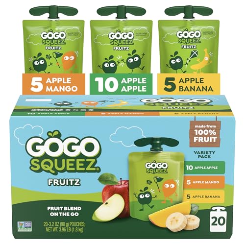 GoGo squeeZ Applesauce and Fruit Puree Variety Pack, Apple, Mango & Banana, 3.2 oz (Pack of 20),...