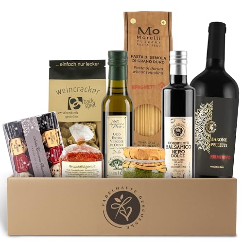 Geschenkkorb Bella Italia gefüllt mit Rotwein und italienischer Feinkost - Präsentkorb mit Olivenöl, Aceto Balsamico, Pasta, Pesto, Tartufini | Wein Geschenk für Männer & Frauen, Pasta Geschenkset
