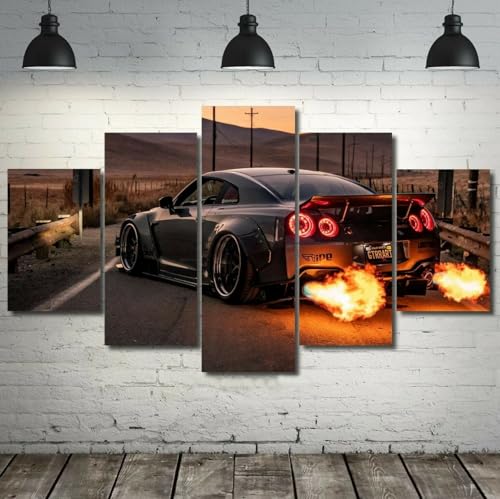 Grand tableau decoration murale salon voiture toile 5 parties avec cadre