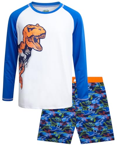 Quad Seven Boys Rash Guard Swimsuit Set - Kids Short Sleeve Bathing Suit Swimwear Sets (Sizes: 5-12), Size 7, Royal Orange Dino