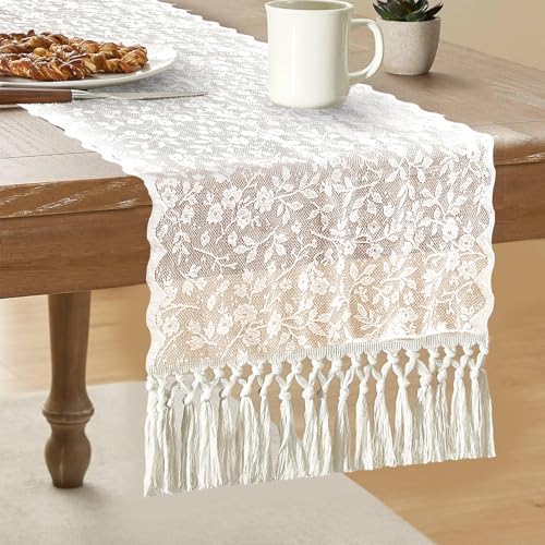 Beige Lace Table Runner 14 x 71 Inch Boho Table Runner White Vint...