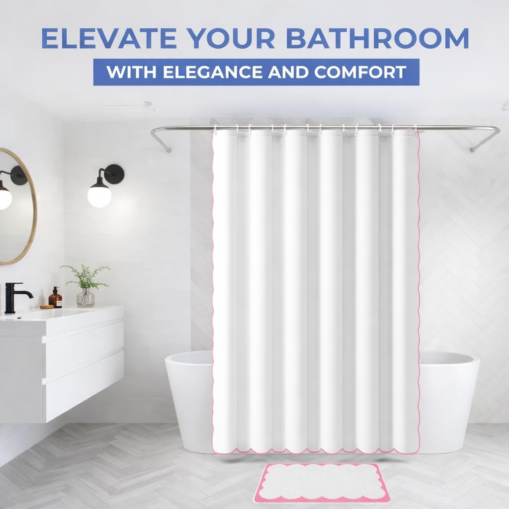 Hutch & Harbor Scalloped Shower Curtain Set, Water-Resistant Fabric Bath Curtain with Mat and Hooks, Modern Bathroom Decor, 72 x 72 Inch (White with Pink Trim)