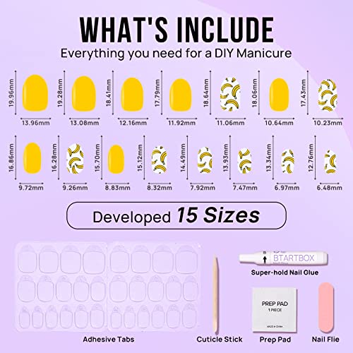 Press On Nails Short - Btartbox Oval False Nails With Glue, Fit Perfectly & Natural Reusable Opaque Stick On Nails In 15 Sizes - 30 Pcs Cute Soft Gel Glue On Nails Kit, Banana #TOP3